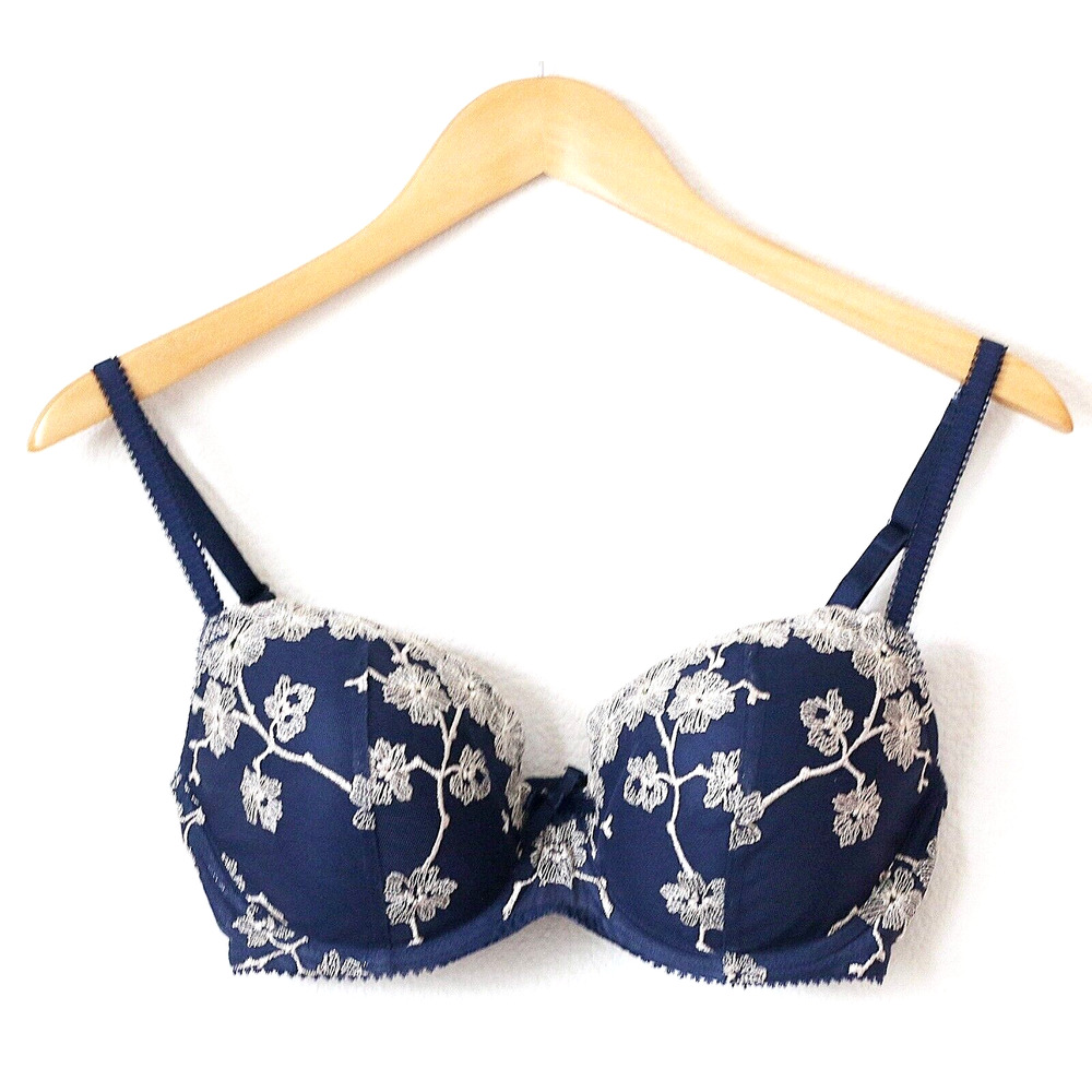 Victorias Secret Dream Angels Lined Demi Bra Size 34DD Navy Blue Embroidered